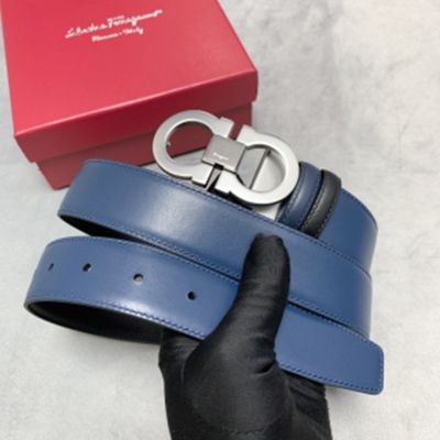 1:1 Ferragamo  Blue&Black Leather Belt  with Silver Logo buckle Plate  Buckle 3.5cm